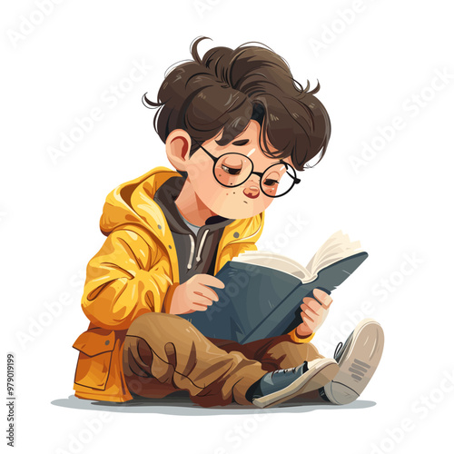 A young boy is sitting on the floor reading a book. He is wearing glasses and a yellow jacket. Concept of relaxation and leisure, as the boy is enjoying his time reading