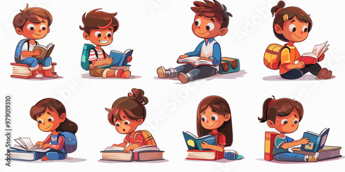 A group of children are sitting and reading books. The children are of different ages and are sitting in various positions. Some are sitting on the floor, while others are sitting on chairs