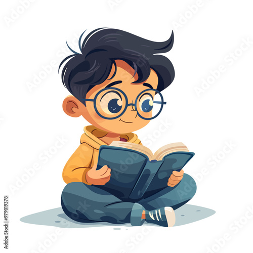 A young boy is sitting on the floor reading a book. He is wearing glasses and a hoodie