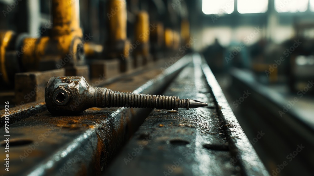 Close-up of an industrial screwdriver in a warehouse, the metal's texture and gleam highlighted by focused lighting. No logos or people present. Close-up of an industrial screwdriver in a warehouse, the metal's texture and gleam highlighted by focused lighting. No logos or people present.