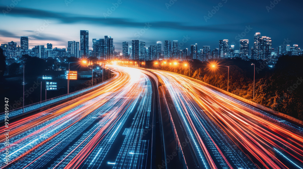 Fototapeta premium Futuristic cityscape with neon lights, glass reflections, digital interface, and geometric patterns