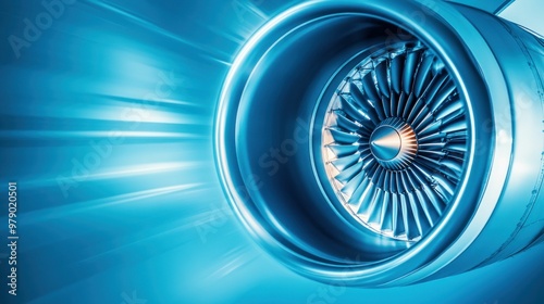 Close-up of a jet engine turbine with futuristic blue lighting