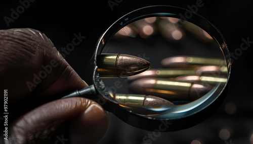 Detective exploring bullet shell with magnifying glass on black background, closeup photo