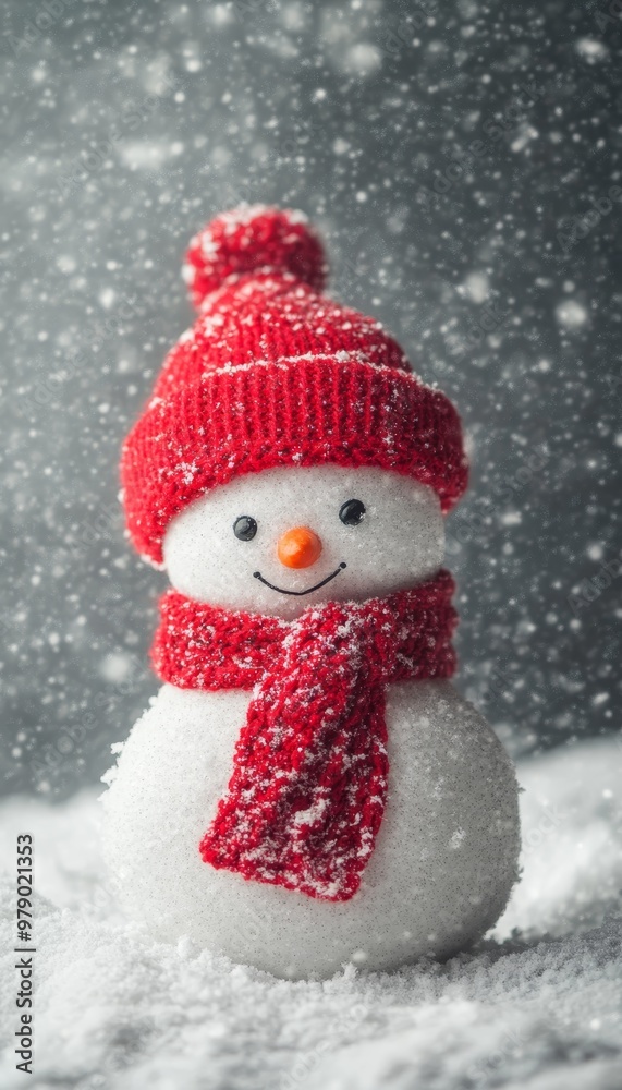 Smiling Snowman with Red Hat and Scarf Enduring Gentle Snowfall, Classic Winter Holiday Scene Smiling Snowman with Red Hat and Scarf Enduring Gentle Snowfall, Classic Winter Holiday Scene