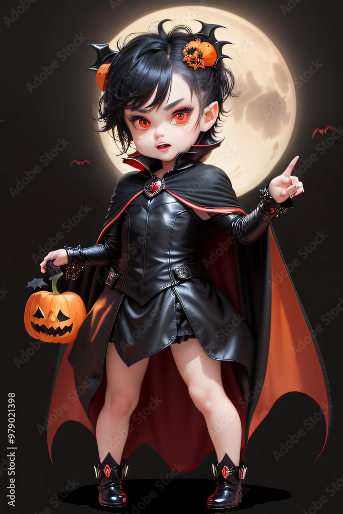Chibi Vampire Holding a Pumpkin Full-Body Halloween Illustration Chibi Vampire Holding a Pumpkin Full-Body Halloween Illustration