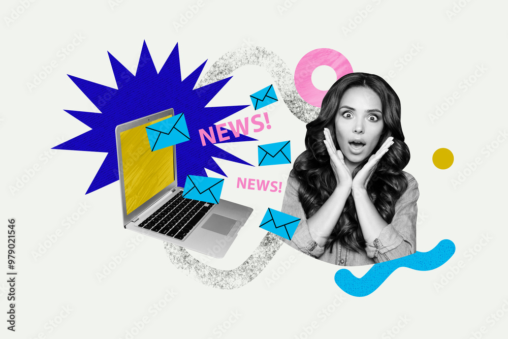 Composite photo collage of excited girl receive pile messages correspondence mailbox notification news isolated on painted background Composite photo collage of excited girl receive pile messages correspondence mailbox notification news isolated on painted background
