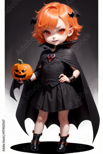 Chibi Vampire Holding a Pumpkin Full-Body Halloween Illustration photo