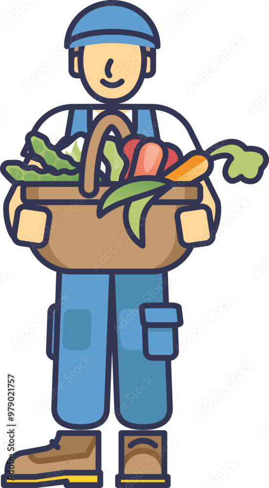 Cartoon farmer in overalls holding a basket full of fresh vegetables, symbolizing harvest and agriculture. Cartoon farmer in overalls holding a basket full of fresh vegetables, symbolizing harvest and agriculture.