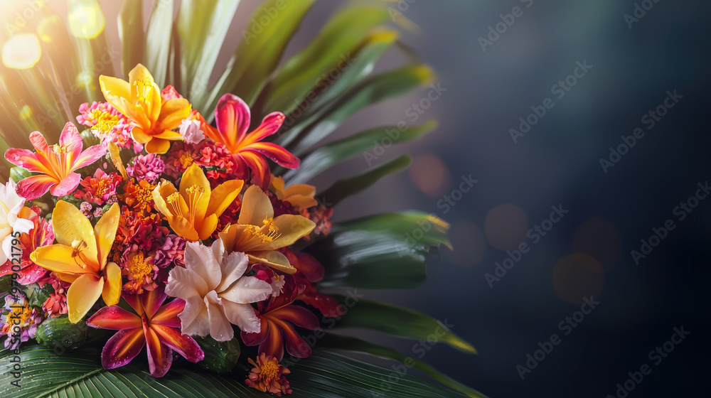 A vibrant arrangement of tropical flowers showcases stunning display of colors and textures, perfect for celebrations or decorative purposes. beauty of nature is captured in this exquisite floral comp A vibrant arrangement of tropical flowers showcases stunning display of colors and textures, perfect for celebrations or decorative purposes. beauty of nature is captured in this exquisite floral comp