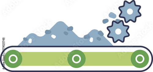 Illustration of a conveyor belt with gears grinding material, symbolizing industrial processing.
