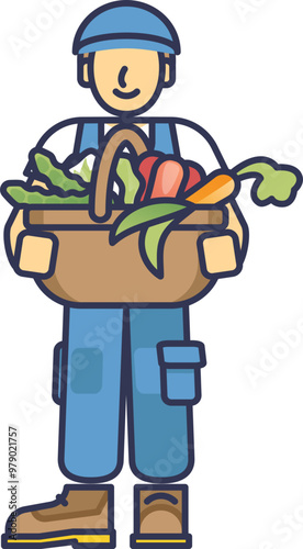 Cartoon farmer in overalls holding a basket full of fresh vegetables, symbolizing harvest and agriculture.
