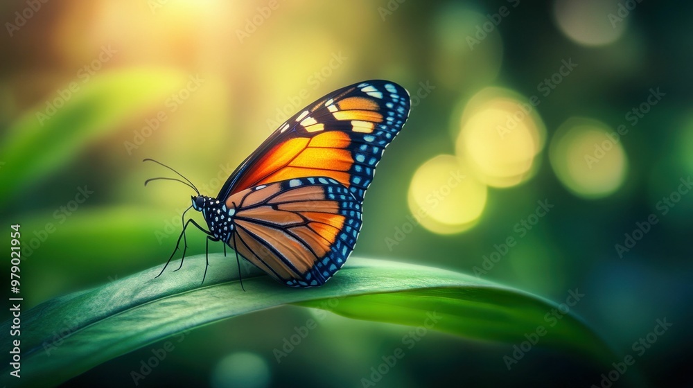 Monarch butterfly resting on a leaf in the sunlight Monarch butterfly resting on a leaf in the sunlight