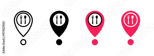 Map point set icons. Dining room set icons. Linear, silhouette and flat style. Vector icons.