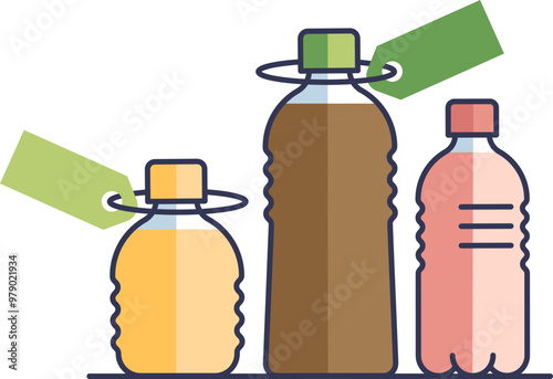 Three plastic soda bottles with colorful labels and caps, representing packaged beverages.