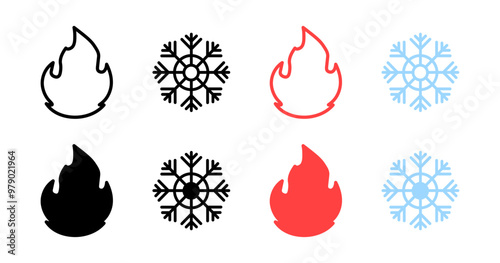 Snowflake and fire set icons. Linear, silhouette and flat style. Vector icons.