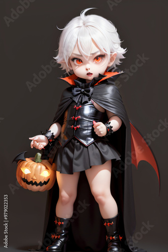 Chibi Vampire Holding a Pumpkin Full-Body Halloween Illustration photo