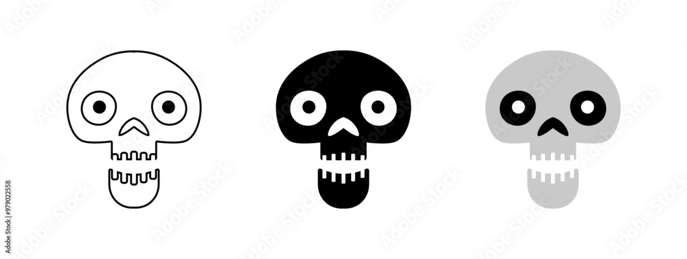 Skull set icons. Linear, silhouette and flat style. Vector icons. Skull set icons. Linear, silhouette and flat style. Vector icons.