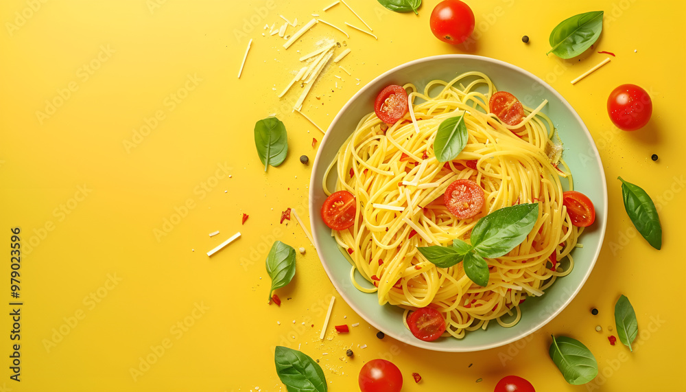 Tasty pasta with tomato, cheese and basil on yellow table, top view Tasty pasta with tomato, cheese and basil on yellow table, top view