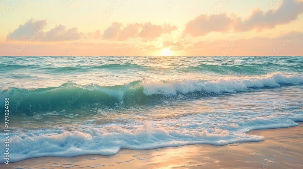 Peaceful seascape with crashing waves and soft, golden light. Peaceful seascape with crashing waves and soft, golden light.