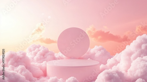 3D white cylindrical podium with Pink cloud on sky,Sweet cotton candy and fluffy product display background,exhibition gallery display,vector,Product presentation realistic podium,space for text.