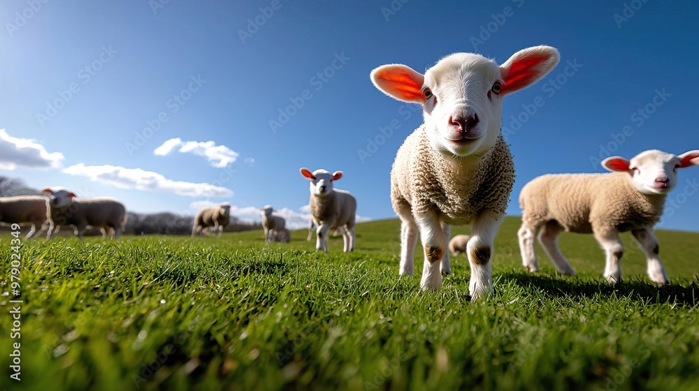 Lamb, a white lamb with red ears standing on green grass, with a blue sky and clouds in the background Lamb, a white lamb with red ears standing on green grass, with a blue sky and clouds in the background