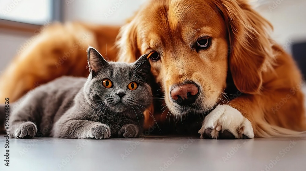 Golden Retriever dog and British Shorthair cat playing together, cute pet photography, indoor setting, light gray floor background, warm tones, shot with a Canon EOS R5 camera, pro