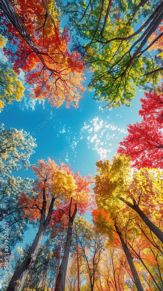 Low angle colorful tree in blue sky background Low angle colorful tree in blue sky background