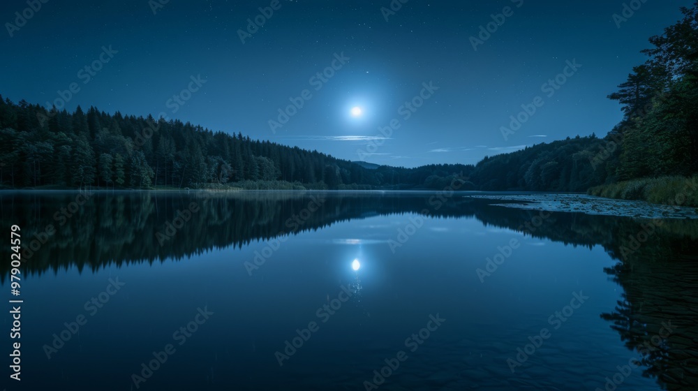Fototapeta premium Tranquil Moonlit Lake in a Forest