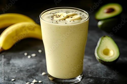 Healthy avocado and banana smoothie in a glass with toppings