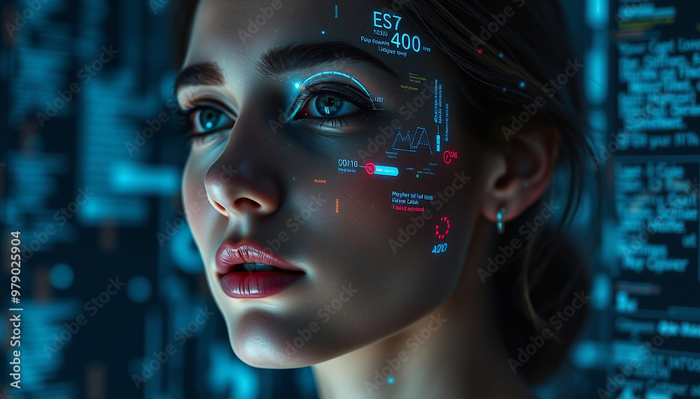 close-up digital portrait of a woman, with digital code integration in front of her face close-up digital portrait of a woman, with digital code integration in front of her face