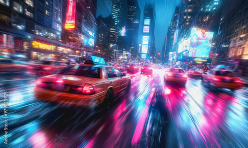 Futuristic neon cityscape with fast-moving taxis, vibrant lights, and dynamic motion blur