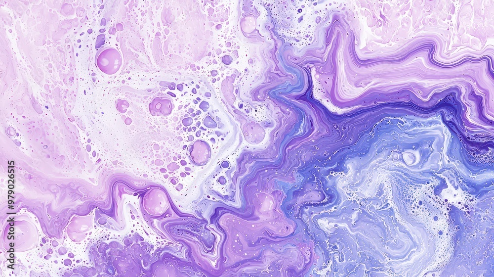 Naklejka premium Abstract Purple and White Swirls with Bubbles Acrylic Painting Background