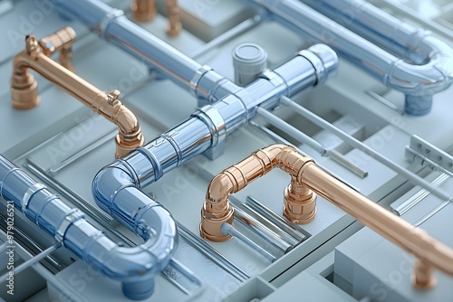 Complex industrial piping layout with various materials photo