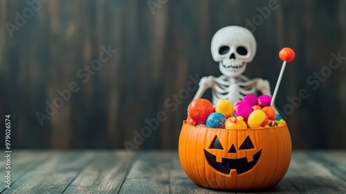 A skeleton trickortreater with a pumpkin bucket full of glowing, enchanted candy that casts spells photo