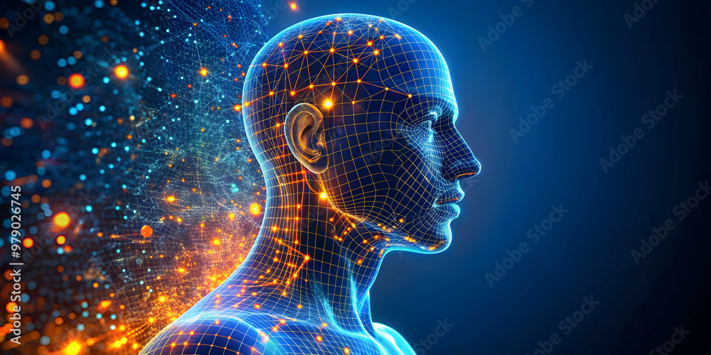 Digital human profile with glowing blue and orange data points, technology, artificial intelligence, data visualization Digital human profile with glowing blue and orange data points, technology, artificial intelligence, data visualization
