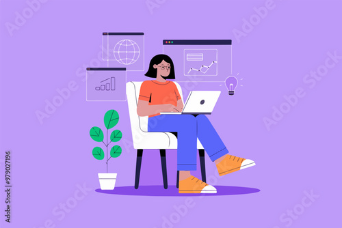 Adobe Illustrator Artwork of A man sitting in a chair with a laptop and a diagram of the word graph on it.