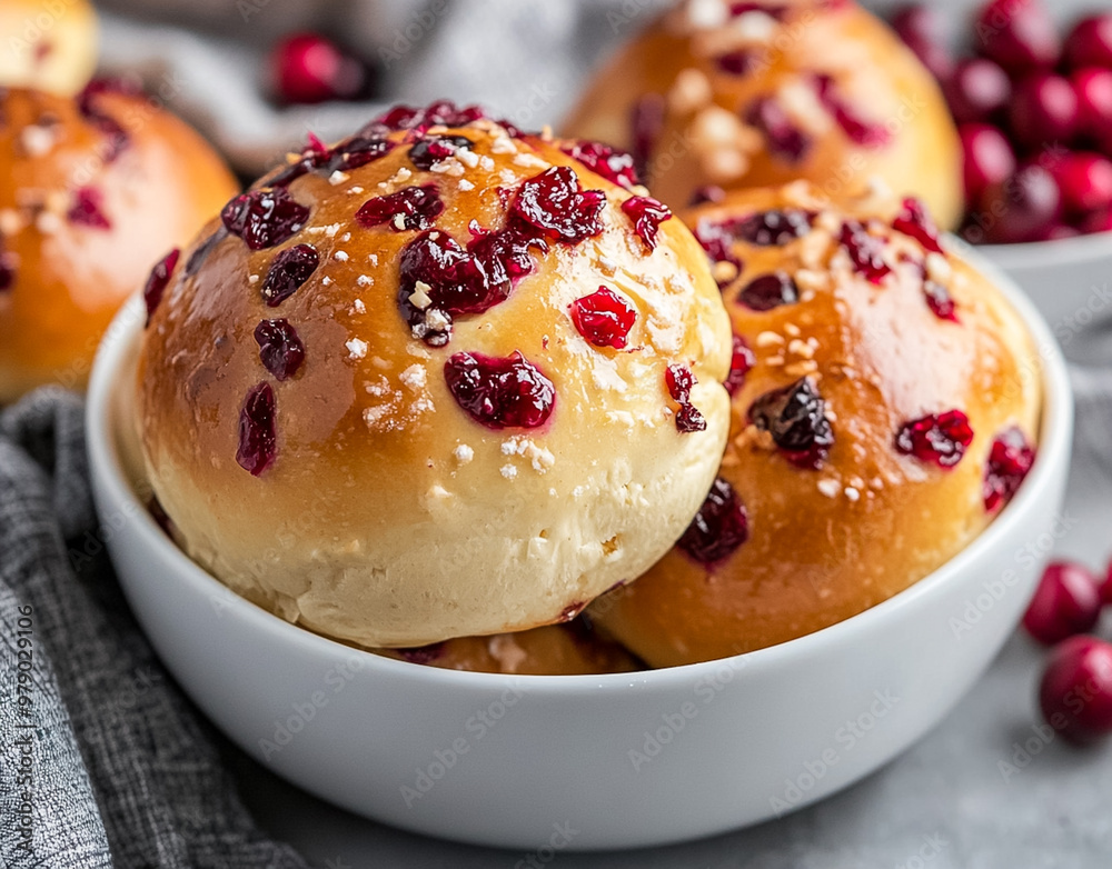 Cranberry cream cheese buns in white bowl. Cranberry cream cheese buns in white bowl.