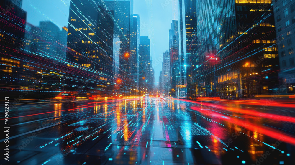 Fototapeta premium Futuristic city street, digital data overlay, neon lights, vibrant reflections on glass surfaces