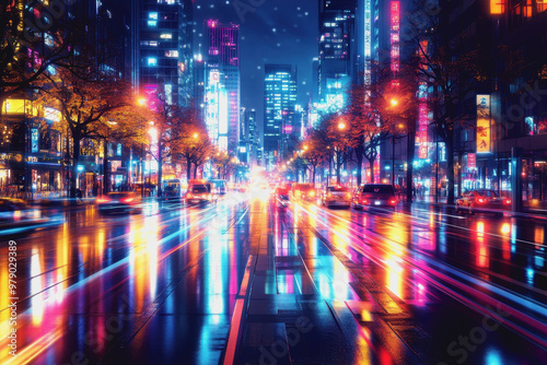 Futuristic city street, digital data overlay, neon lights, vibrant reflections on glass surfaces