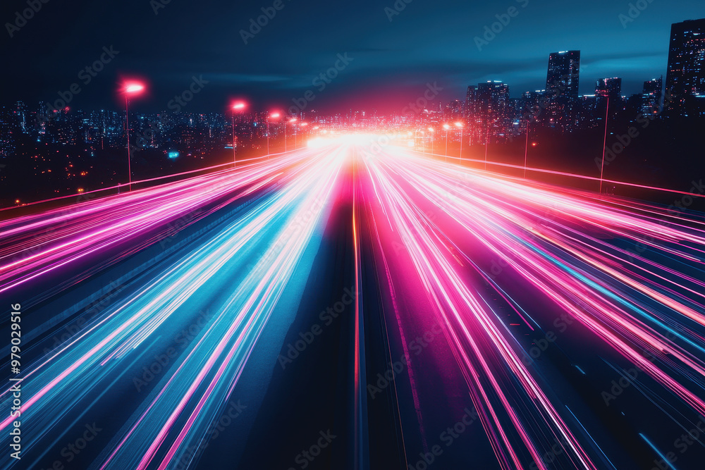 Obraz premium Futuristic city street, digital data overlay, neon lights, vibrant reflections on glass surfaces