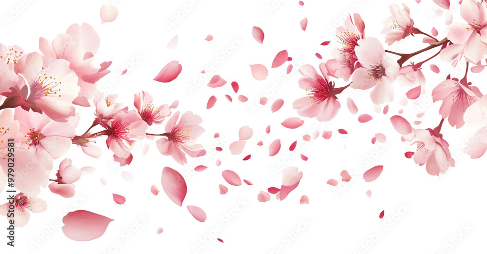 Fototapeta premium Cherry blossom petals flying in the wind, pink cherry blossoms on white background