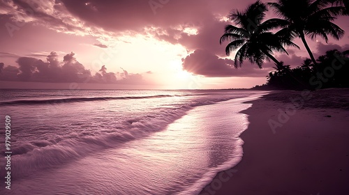 A peaceful beach at dusk, palm trees silhouetted against a violet sky, gentle waves washing over the shore, Vintage, Sepia tones, Retro style, calm and nostalgic