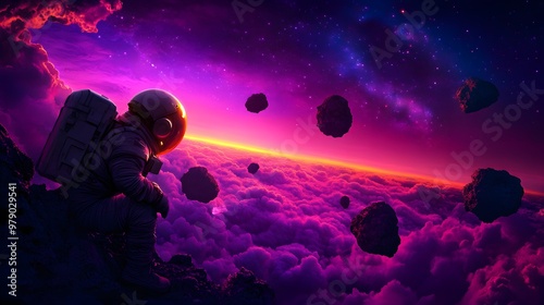 A panoramic view of an alien landscape with floating rocks, an astronaut in the foreground, and a deep purple sky, Fantasy, Digital painting, vibrant colors, high contrast photo