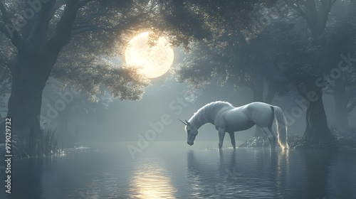 A serene unicorn bends over a silver lake under the full moon, shimmering reflections on the water, framed by ancient trees with soft glowing leaves