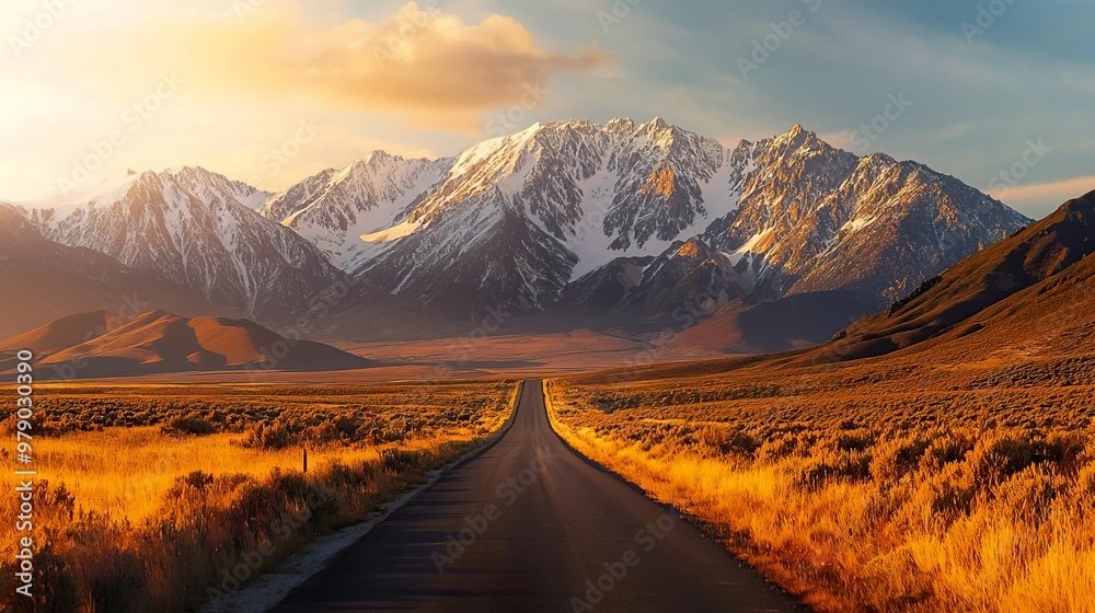 Photo of the long road leading to snow-capped mountains in California, during the golden hour Photo of the long road leading to snow-capped mountains in California, during the golden hour