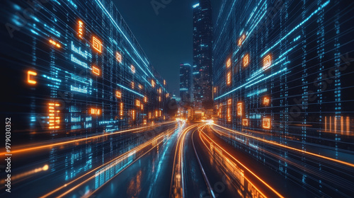 Futuristic city street  digital data overlay  neon lights  vibrant reflections on glass surfaces