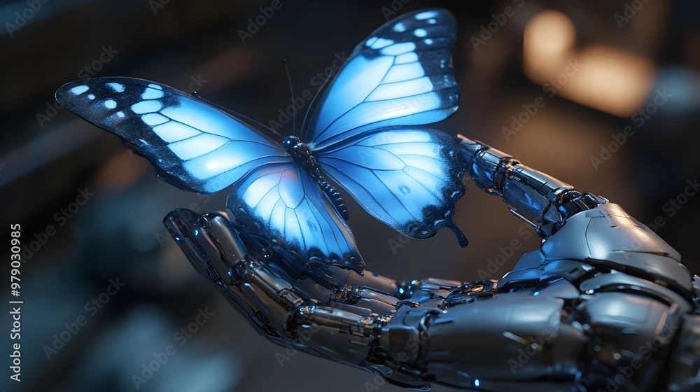 A robotic hand gently holding a holographic butterfly, symbolizing technology meeting nature, Sci-Fi, Neon, 3D render, soft blue glow, delicate composition A robotic hand gently holding a holographic butterfly, symbolizing technology meeting nature, Sci-Fi, Neon, 3D render, soft blue glow, delicate composition