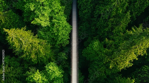 A wide-angle photo of the Capilano Suspension Bridge in Vancouver, British Columbia, shot from above, looking down at an overgrown forest with tall trees and a wooden footbridge photo