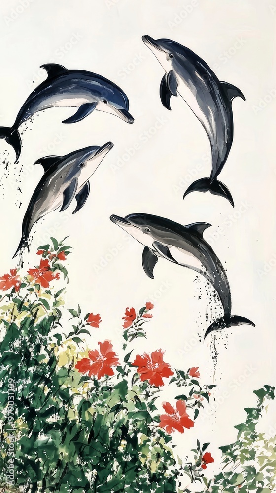 Naklejka premium Four Dolphins Leaping Through Flowers