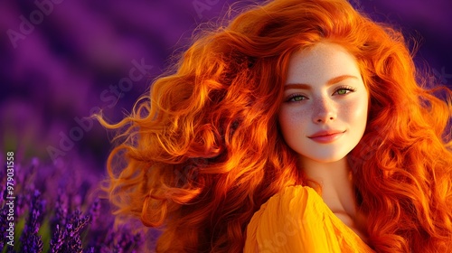 A portrait of a young woman with flowing red hair and piercing green eyes in a field of lavender